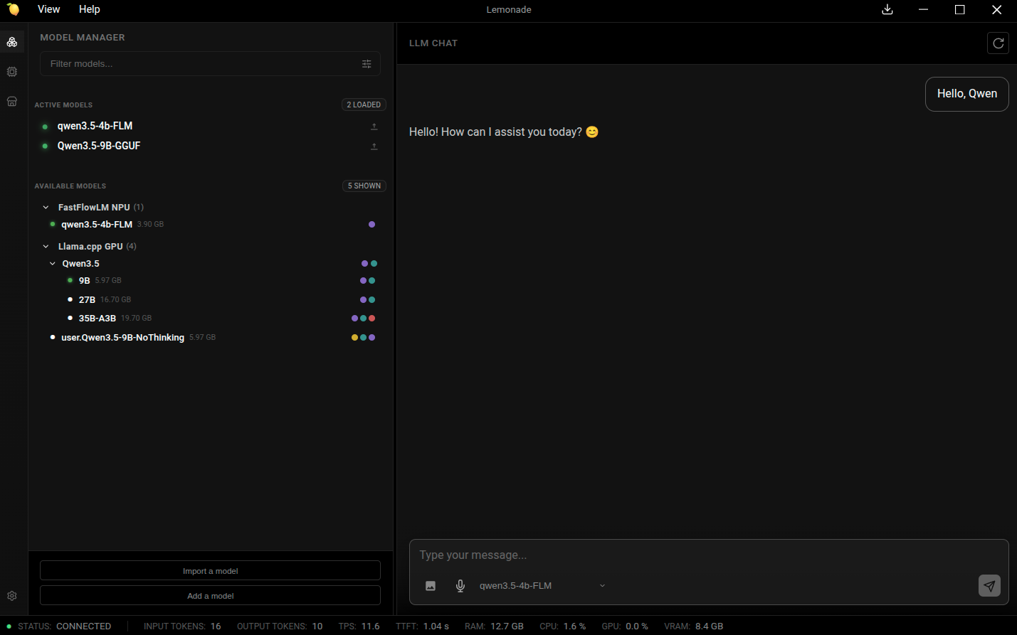A screenshot of Lemonade Server interacting with Qwen 3.5